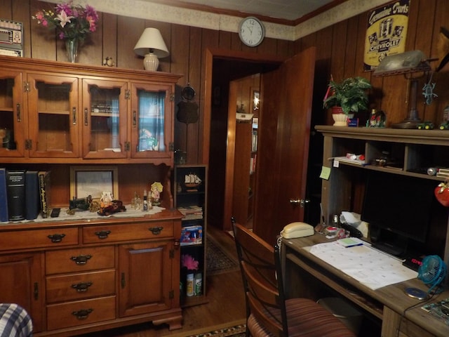 634 Bellvue Cir, Spencer, TN 38585 - office area featuring wood walls, ornamental molding, and wood finished floors