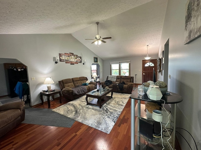 516 Keck St, Seymour, TN 37865 - living area featuring ceiling fan, vaulted ceiling, wood finished floors, a textured ceiling, and baseboards
