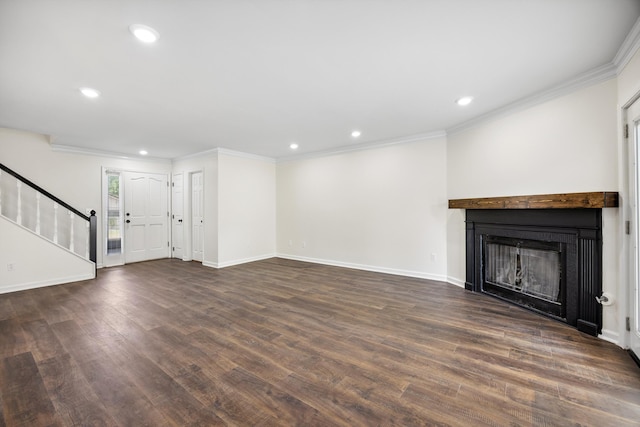 2138 Vaden Village Dr, Chattanooga, TN 37421 - unfurnished living room with crown molding, dark wood finished floors, stairway, recessed lighting, and a fireplace