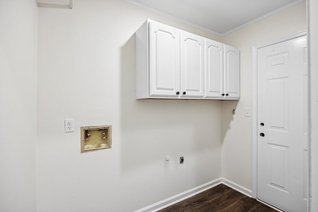 2138 Vaden Village Dr, Chattanooga, TN 37421 - washroom featuring electric dryer hookup, washer hookup, cabinet space, dark wood finished floors, and ornamental molding