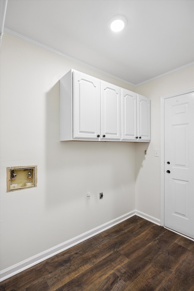 2138 Vaden Village Dr, Chattanooga, TN 37421 - laundry room featuring washer hookup, crown molding, cabinet space, electric dryer hookup, and dark wood finished floors