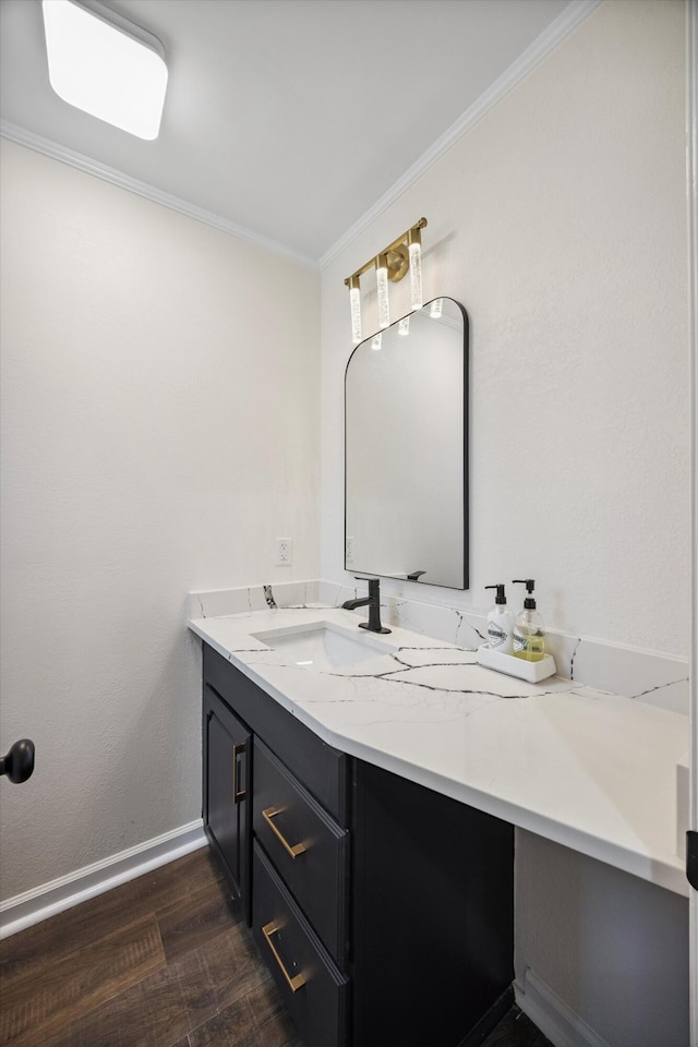 2138 Vaden Village Dr, Chattanooga, TN 37421 - bathroom with wood finished floors, vanity, and ornamental molding