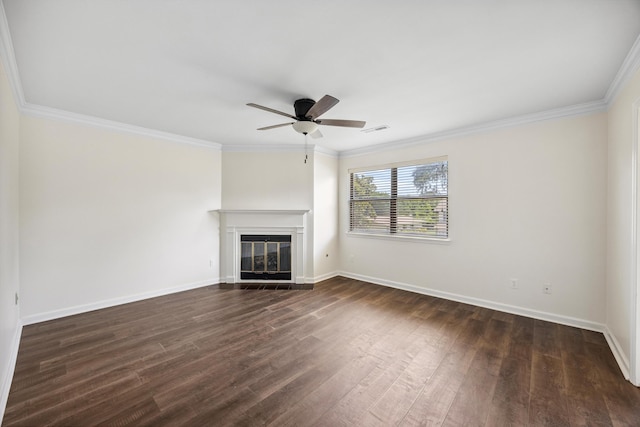 2138 Vaden Village Dr, Chattanooga, TN 37421 - unfurnished living room with dark wood finished floors, crown molding, ceiling fan, and a glass covered fireplace