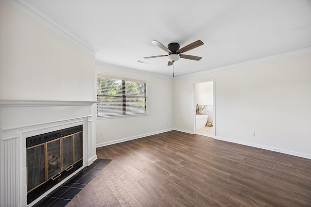 2138 Vaden Village Dr, Chattanooga, TN 37421 - unfurnished living room featuring dark wood-style flooring, ceiling fan, crown molding, and a tiled fireplace