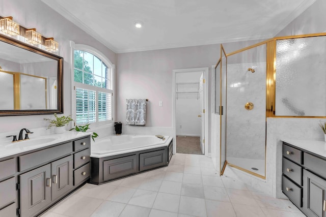 4155 Freewill Rd NW, Cleveland, TN 37312 - bathroom featuring a stall shower, vanity, a garden tub, and ornamental molding