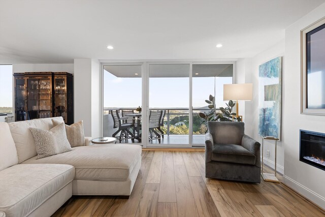 1131 Stringers Ridge Rd Unit 12E, Chattanooga, TN 37405 - living area featuring wood finished floors, a wall of windows, a glass covered fireplace, baseboards, and recessed lighting