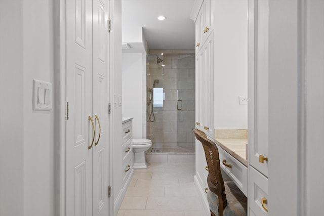1131 Stringers Ridge Rd Unit 12E, Chattanooga, TN 37405 - bathroom with vanity, a shower stall, toilet, tile patterned flooring, and recessed lighting