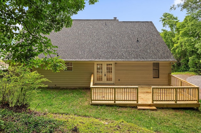 1714 S Crest Manor Ln, Chattanooga, TN 37404 - back of property featuring roof with shingles, a wooden deck, french doors, and a lawn