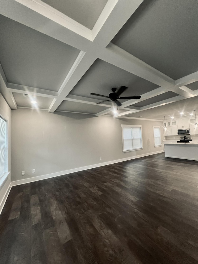 549 Willow Grv Ct Unit 69, Ringgold, GA 30736 - unfurnished living room with coffered ceiling, baseboards, dark wood-style flooring, ceiling fan, and beamed ceiling