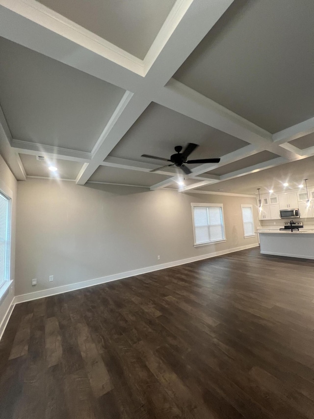 549 Willow Grv Ct Unit 69, Ringgold, GA 30736 - unfurnished living room featuring coffered ceiling, dark wood-style floors, baseboards, ceiling fan, and beamed ceiling