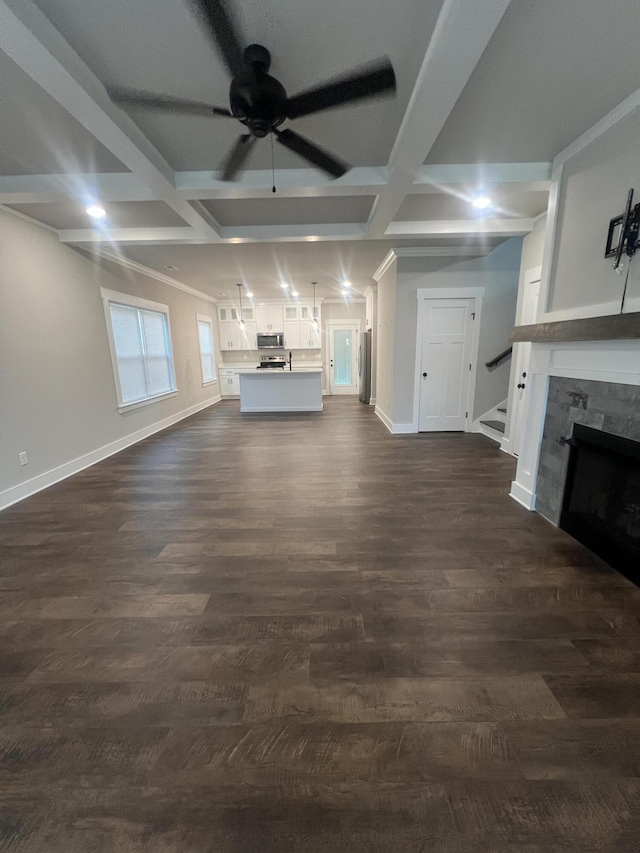 549 Willow Grv Ct Unit 69, Ringgold, GA 30736 - unfurnished living room featuring coffered ceiling, ceiling fan, baseboards, dark wood-style flooring, and a fireplace