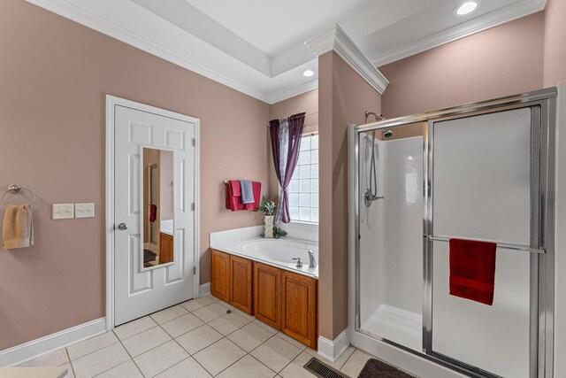 4322 Wellesley Dr, Ooltewah, TN 37363 - full bathroom with a stall shower, a bath, ornamental molding, tile patterned flooring, and recessed lighting