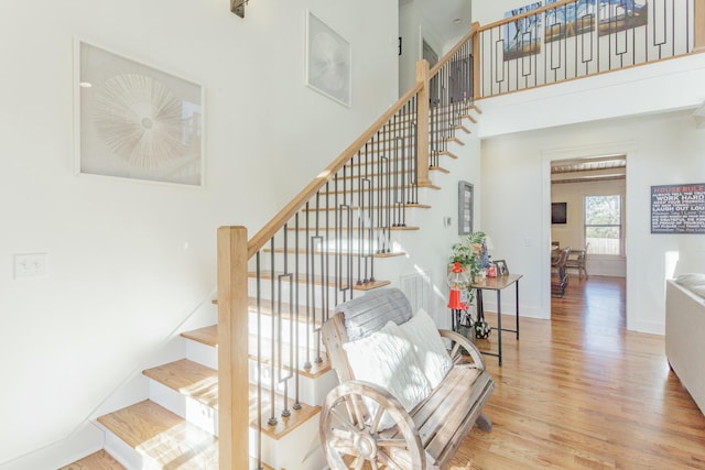 8870 Silver Maple Dr, Ooltewah, TN 37363 - stairway featuring wood finished floors, a towering ceiling, and baseboards