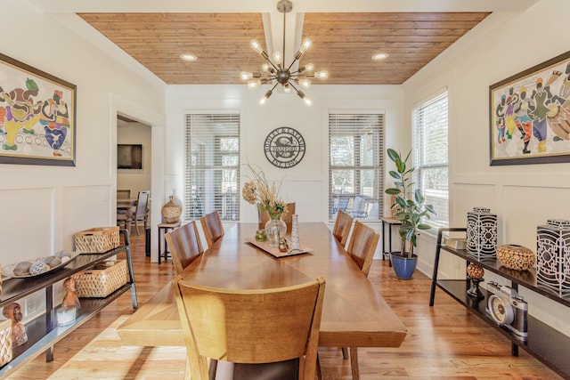 8870 Silver Maple Dr, Ooltewah, TN 37363 - dining space featuring a decorative wall, a chandelier, wood ceiling, light wood-type flooring, and wainscoting