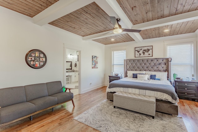 8870 Silver Maple Dr, Ooltewah, TN 37363 - bedroom featuring light wood-style flooring, baseboards, ensuite bathroom, wood ceiling with exposed beams, and ceiling fan