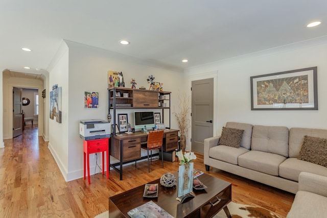 8870 Silver Maple Dr, Ooltewah, TN 37363 - living room with light wood finished floors, recessed lighting, ornamental molding, and baseboards