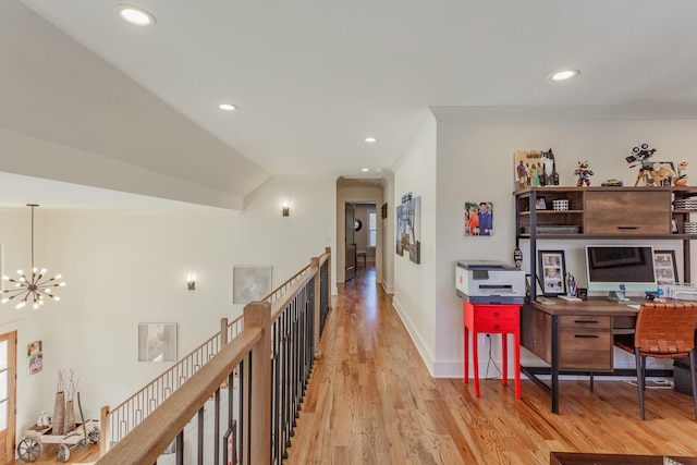 8870 Silver Maple Dr, Ooltewah, TN 37363 - hall with a chandelier, light wood-style flooring, recessed lighting, baseboards, and an upstairs landing