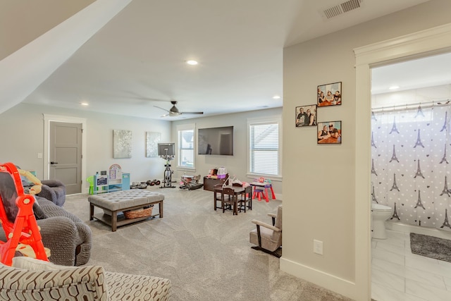 8870 Silver Maple Dr, Ooltewah, TN 37363 - carpeted living area featuring recessed lighting, ceiling fan, and baseboards