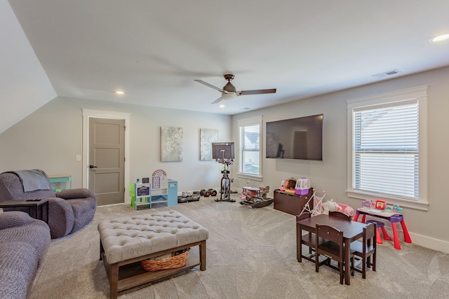 8870 Silver Maple Dr, Ooltewah, TN 37363 - living area with carpet flooring, a ceiling fan, recessed lighting, and baseboards