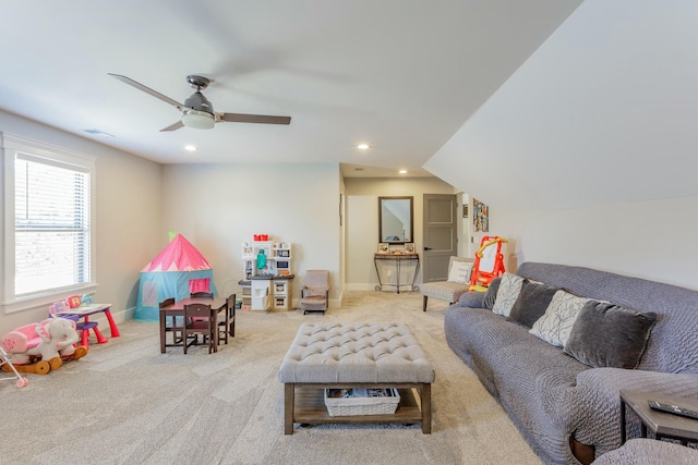 8870 Silver Maple Dr, Ooltewah, TN 37363 - living room with carpet floors, a ceiling fan, recessed lighting, and baseboards