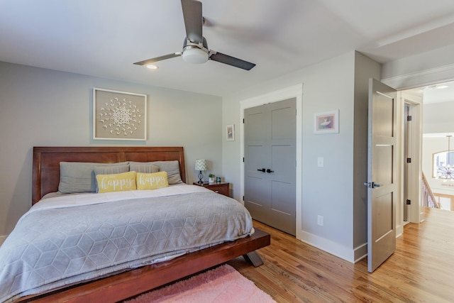 8870 Silver Maple Dr, Ooltewah, TN 37363 - bedroom with light wood-style flooring, baseboards, recessed lighting, and ceiling fan