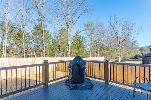 8870 Silver Maple Dr, Ooltewah, TN 37363 - wooden terrace featuring a fenced backyard and a grill