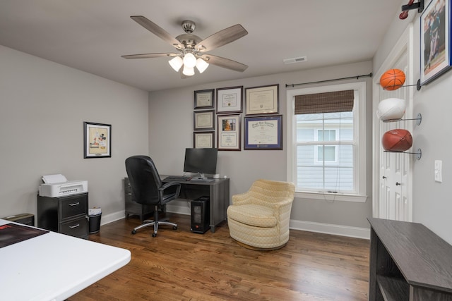 1676 Westover Ln, Chattanooga, TN 37405 - home office featuring baseboards, a ceiling fan, and dark wood-style flooring