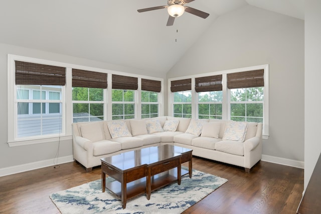 1676 Westover Ln, Chattanooga, TN 37405 - living room with a ceiling fan, baseboards, wood finished floors, and high vaulted ceiling