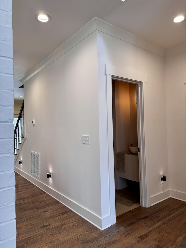 2617 Wendell Way, Chattanooga, TN 37421 - hallway featuring dark wood-style flooring, baseboards, stairway, recessed lighting, and ornamental molding