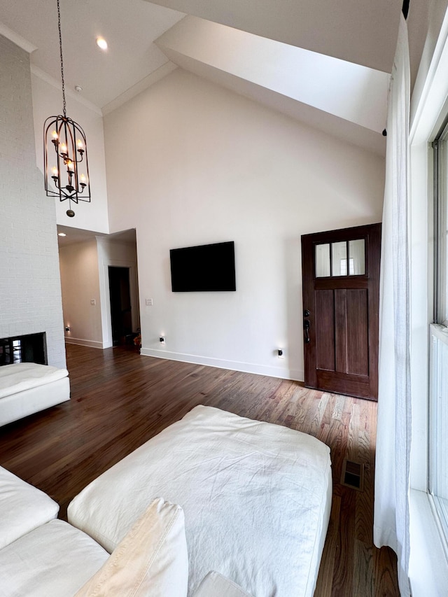 2617 Wendell Way, Chattanooga, TN 37421 - living room with high vaulted ceiling, a chandelier, dark wood-type flooring, and recessed lighting
