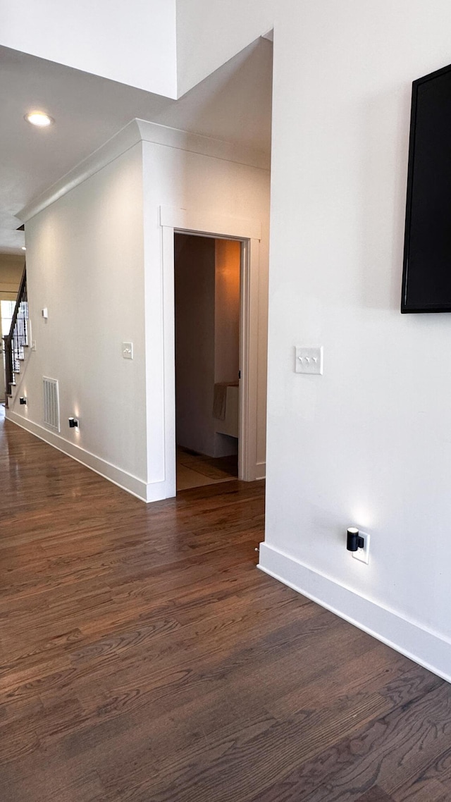 2617 Wendell Way, Chattanooga, TN 37421 - unfurnished living room with dark wood finished floors, stairs, crown molding, and recessed lighting