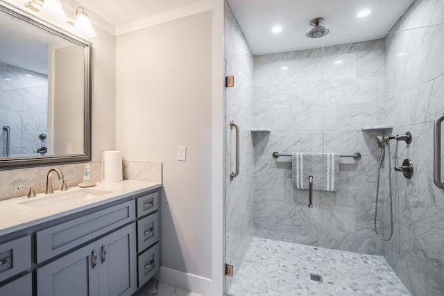 103 Paddle Wheel Ct, Cohutta, GA 30710 - full bathroom featuring a shower stall, vanity, decorative backsplash, marble finish floors, and recessed lighting