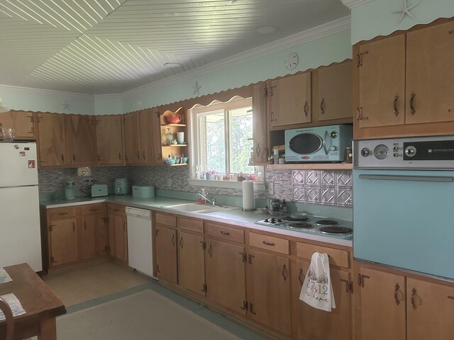 4022 Belvoir Pines Dr, Chattanooga, TN 37412 - kitchen with white appliances, a sink, open shelves, light countertops, and decorative backsplash