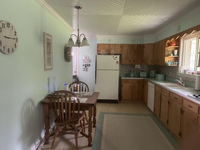 4022 Belvoir Pines Dr, Chattanooga, TN 37412 - kitchen featuring white appliances, a sink, light countertops, open shelves, and decorative light fixtures