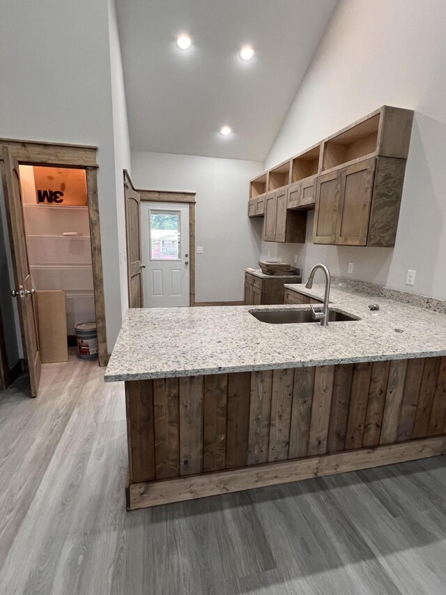 35 Avery Ln Unit 3, Ringgold, GA 30736 - kitchen featuring light wood-style flooring, a sink, a peninsula, light stone counters, and lofted ceiling