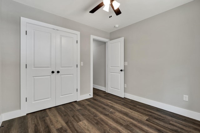 6009 Arlena Cir, Chattanooga, TN 37421 - unfurnished bedroom featuring dark wood-style floors, baseboards, a closet, and ceiling fan