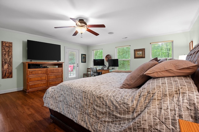 204 Chapman Ct, Lafayette, GA 30728 - bedroom featuring dark wood-type flooring, ornamental molding, access to exterior, and a ceiling fan