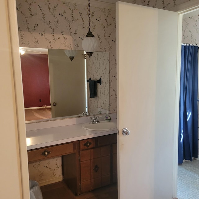 1030 Ambrose Ln, Hixson, TN 37343 - bathroom with wallpapered walls and vanity