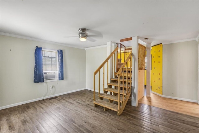 536 Sequatchie Ln, Sequatchie, TN 37374 - stairway with crown molding, wood finished floors, a ceiling fan, baseboards, and cooling unit