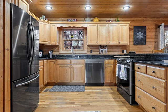 292 Log Cabin Ln Unit 14, Dunlap, TN 37327 - kitchen with freestanding refrigerator, dishwasher, range with electric stovetop, light wood-type flooring, and wood ceiling
