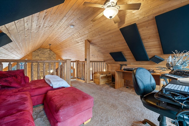 292 Log Cabin Ln Unit 14, Dunlap, TN 37327 - carpeted home office featuring ceiling fan, wood ceiling, lofted ceiling, and wooden walls