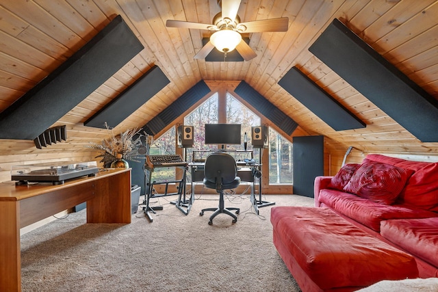 292 Log Cabin Ln Unit 14, Dunlap, TN 37327 - office space with wooden ceiling, carpet floors, ceiling fan, vaulted ceiling, and wood walls