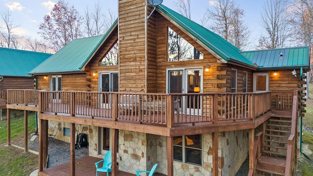 292 Log Cabin Ln Unit 14, Dunlap, TN 37327 - rear view of property with a deck, stone siding, a chimney, metal roof, and log siding