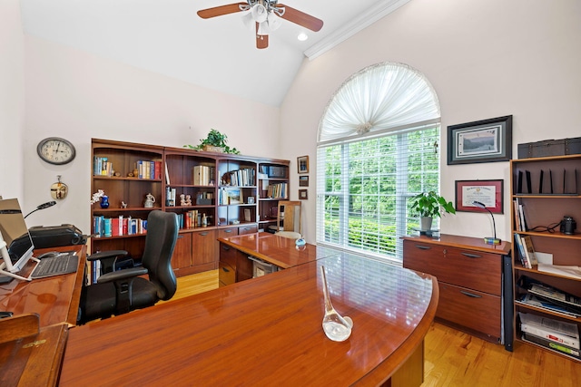 902 Cattails Dr, Ooltewah, TN 37363 - office space with a ceiling fan, light wood-type flooring, vaulted ceiling, and crown molding