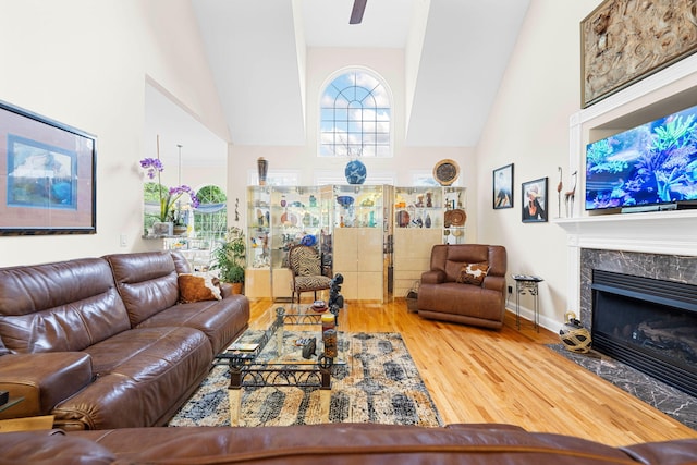 902 Cattails Dr, Ooltewah, TN 37363 - living room with high vaulted ceiling, a premium fireplace, wood finished floors, and baseboards