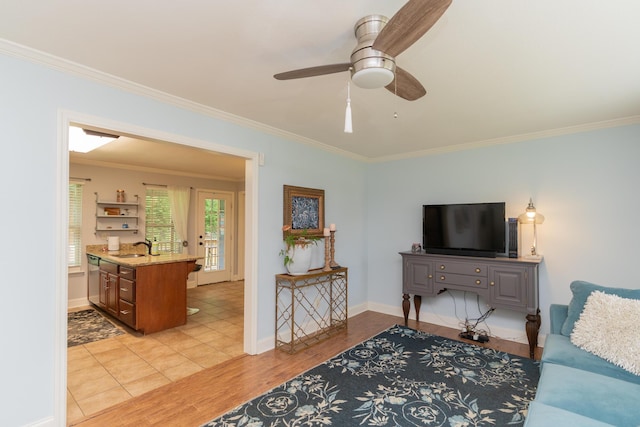 3613 Altamira Dr, Chattanooga, TN 37412 - living room with crown molding, light wood-type flooring, and a ceiling fan
