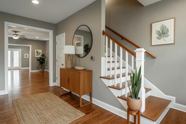 1811 Oakvale Dr, Chattanooga, TN 37421 - stairs featuring wood finished floors, baseboards, and recessed lighting