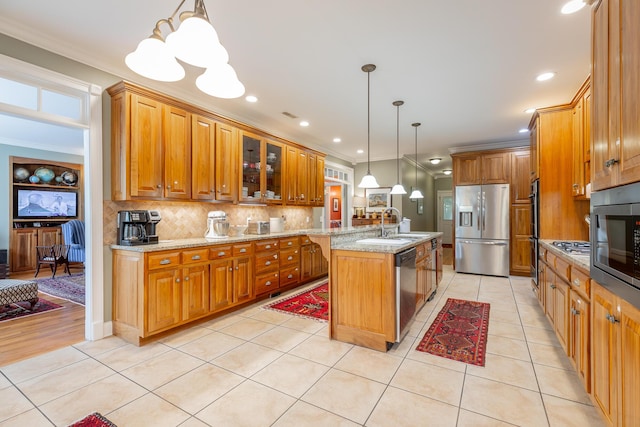 9548 Shadow Crossing Ln, Chattanooga, TN 37421 - kitchen featuring stainless steel appliances, ornamental molding, brown cabinets, tasteful backsplash, and a sink