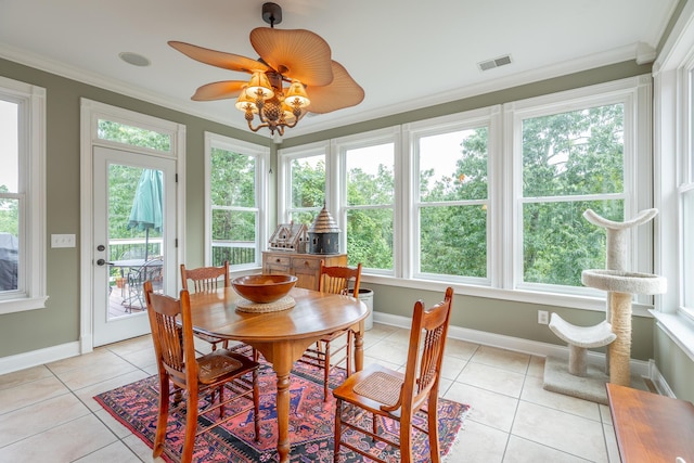 9548 Shadow Crossing Ln, Chattanooga, TN 37421 - dining area featuring light tile patterned flooring, ornamental molding, ceiling fan, and baseboards