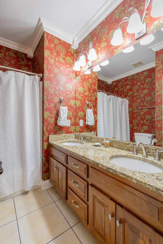 9548 Shadow Crossing Ln, Chattanooga, TN 37421 - bathroom featuring double vanity, ornamental molding, tile patterned flooring, wallpapered walls, and toilet